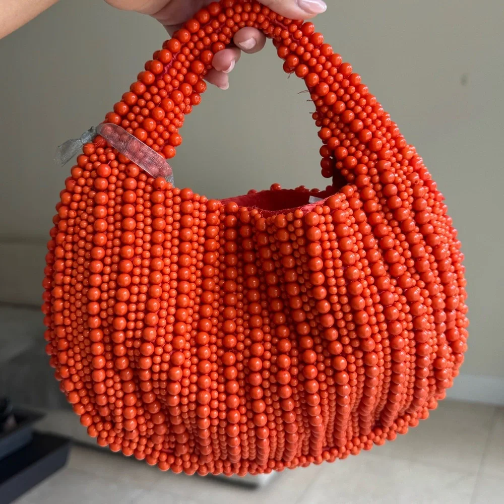 Handmade Orange Beaded Hobo Bag – India Artisan Craft - Picture 2 of 6